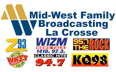 Logos for Mid-West Family Broadcasting of La Crosse, WIsconsin - Z-93, WIZM News 1410 AM and Talk 92.3 FM, 95.7 The Rock, WKTY Sports 96.7 FM and 580 AM, Classic Hits 94.7, and KQ 98.