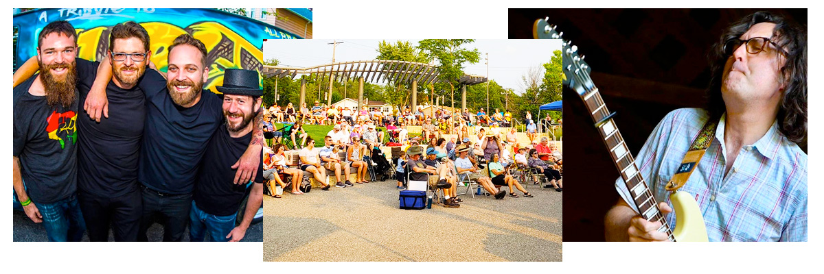 TUGG, Tommy, Bentz, and a crowd of people listening to music in Dash-park during a free Great River Sound concert.